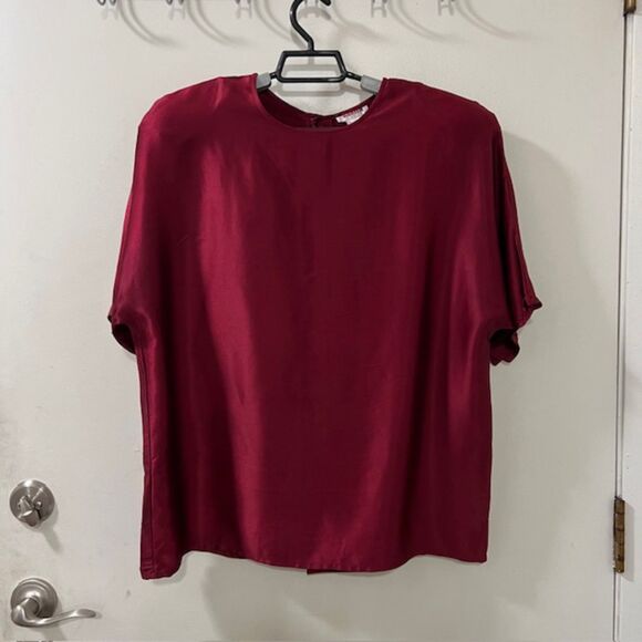 VTG 80s Rodier Womens Red Silk Blouse Short Sleeve Button Closure Padded Sz LG - Picture 3 of 11